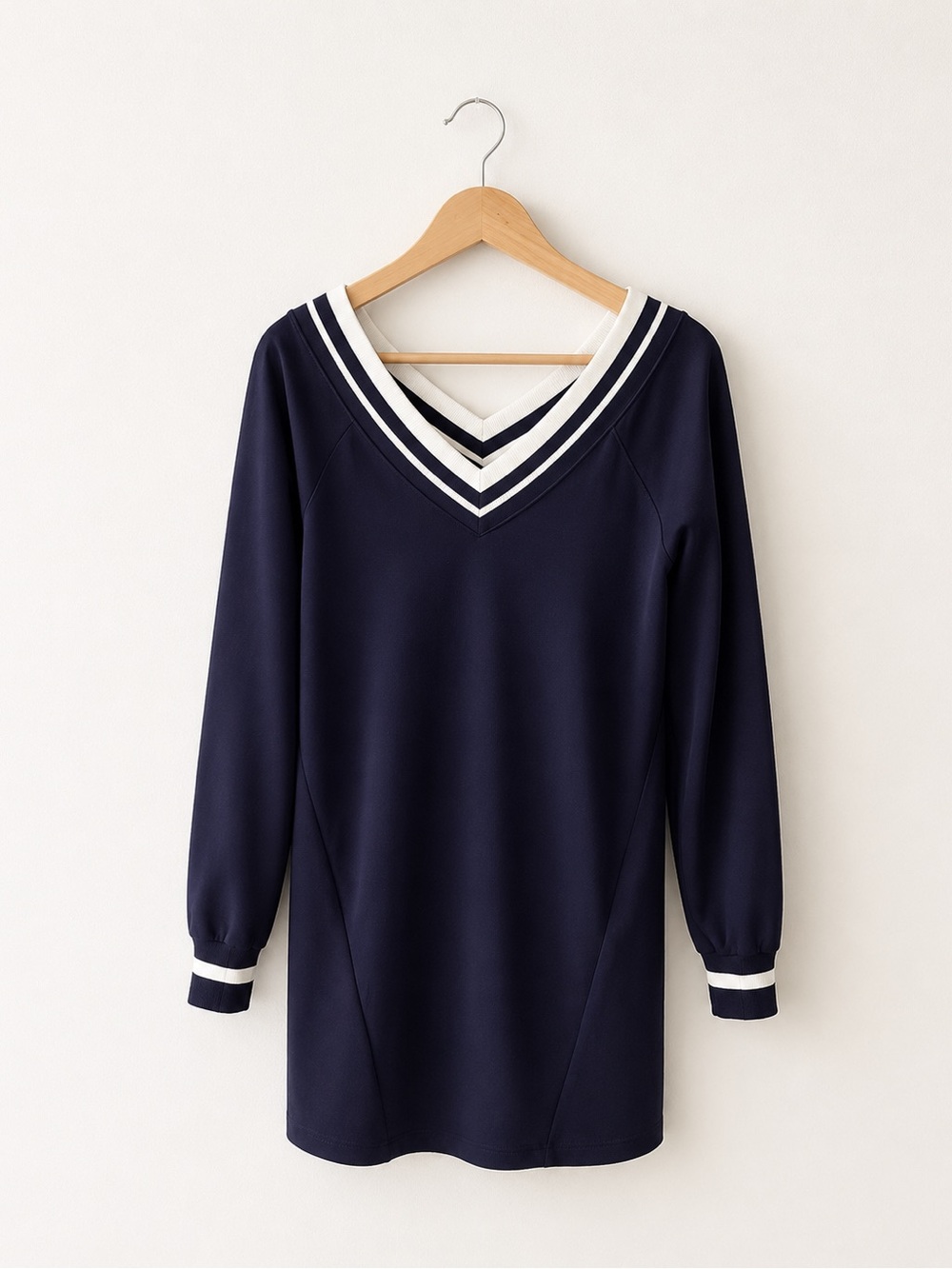 Offline Aerie Navy V‑Neck Sweater Dress with White Stripes